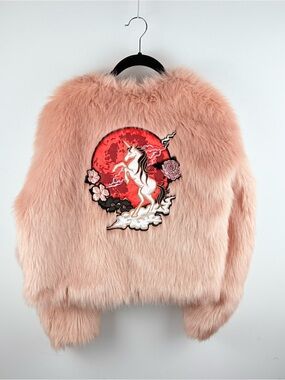 Nicki Minaj Rare Unicorn Faux Fur Pink Red Moon Open Jacket Coat Small Size 4